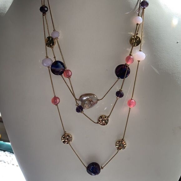Multi-Strand Pink Purple Beaded Layered Floating Women’s Necklace - Picture 2 of 8